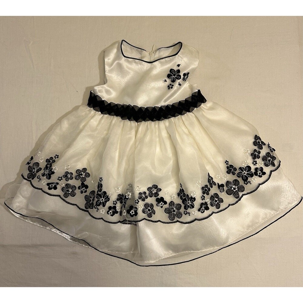 Bonnie Baby White Sleeveless Dress With Black Embroidered Flowers 6-9ths